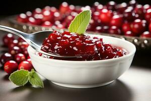 A tangy cranberry sauce ladle preparing for Christmas dinner isolated on a white background photo