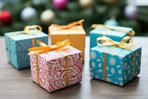 Brightly patterned paper transforming plain boxes into festive Christmas presents photo