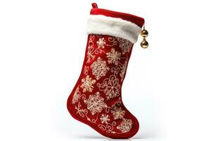 Traditional filled Christmas stocking ready to gift isolated on a white background photo