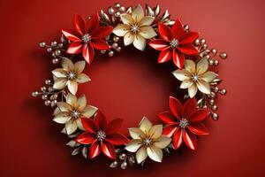 Handcrafted Christmas wreath with ribbons isolated on a red gradient background photo