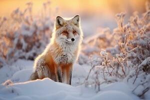 A lone fox navigating snow laden Arctic tundra in twilight glow photo