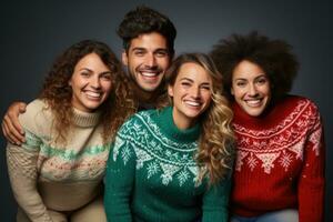 Guests in ugly Christmas sweaters mingling isolated on a gradient background photo