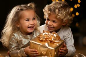 Kids unwrapping presents joyfully isolated on a gold gradient background photo