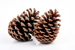 Snow capped pine cones representing winter wildlife isolated on a white background photo