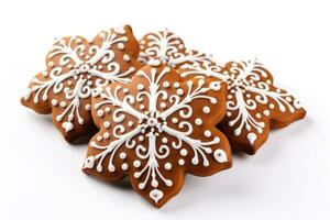 Festive homemade gingerbread cookies for Christmas isolated on a white background photo