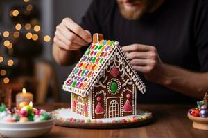 Artisan meticulously decorating a homemade gingerbread house with colorful candies photo