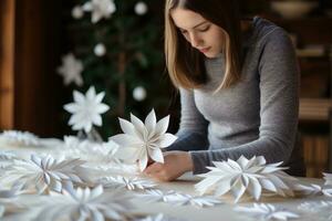 Creative hands fashioning delicate DIY paper snowflakes on a snowy day photo