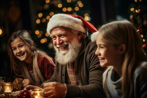 Family laughing and sharing stories around the Christmas breakfast table photo