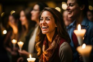 Choir members sharing joyful carols in an intimate candle lit setting photo