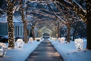 Spectacular array of twinkling Christmas lights illuminating a snow covered street photo