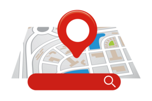 Location Folded Paper Map, Search Bar and Pin Isolated. Blue GPS Pointer Marker Icon. GPS and Navigation Symbol. Element for Map, Social Media, Mobile Apps. png