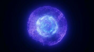 abstrait bleu énergie embrasé numérique sphère atome fabriqué de iridescent énergie de en mouvement électrique plasma liquide sur noir Contexte video