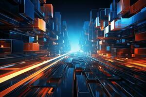 Abstract background image with cubes in blue and orange tones in space. Generated by artificial intelligence photo