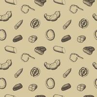Sausages seamless pattern hand drawn vector illustration. Vintage repeating background with engraved smoked meat products, bacon, sausages, pastrami, salami. Meal, delicious snacks, butchery products