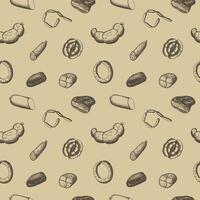 Sausages seamless pattern hand drawn vector illustration. Vintage repeating background with engraved smoked meat products, bacon, sausages, pastrami, salami. Meal, delicious snacks, butchery products