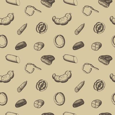 Sausages seamless pattern hand drawn vector illustration. Vintage repeating background with engraved smoked meat products, bacon, sausages, pastrami, salami. Meal, delicious snacks, butchery products