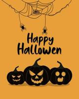 Halloween background with pumpkins and spiders. The upright background is great for cards, brochures, flyers, and advertising poster templates. Vector illustration.