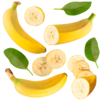 Set fresh banana and sliced png on isolated transparent background