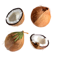 Set coconut fruit and sliced with leaves png on isolated transparent background