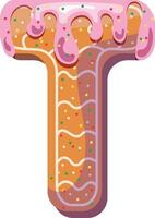 Alphabetical material in the form of gingerbread with icing with a fun atmosphere. Cheerful, multi-colored, glossy, children's alphabet. Colored letters. Vector illustration. Letter T