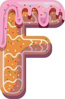 Alphabetical material in the form of gingerbread with icing with a fun atmosphere. Cheerful, multi-colored, glossy, children's alphabet. Colored letters. Vector illustration. Letter F