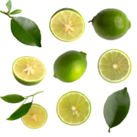 set fresh lime fruit with leaves on isolated transparent background png