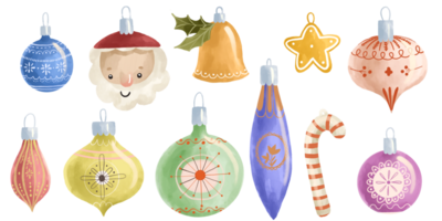 New year and Christmas toys on spruce. Childish hand painted illustration. Isolated elements png