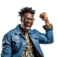 africano giovane uomo, esprimendo festeggiare eccitazione la creazione di un' contrasto quello sottolinea il suo sentimenti di gioia ai generato png