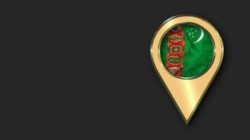 Turkmenistan Gold Location Icon Flag Seamless Looped Waving, Space on Left Side for Design or Information, 3D Rendering video