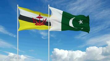 Pakistan and Brunei Flags Waving in the Sky, Seamless Loop in Wind, 3D Rendering video