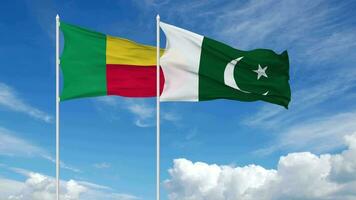Pakistan and Benin Flags Waving in the Sky, Seamless Loop in Wind, 3D Rendering video