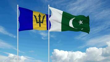 Pakistan and Barbados Flags Waving in the Sky, Seamless Loop in Wind, 3D Rendering video