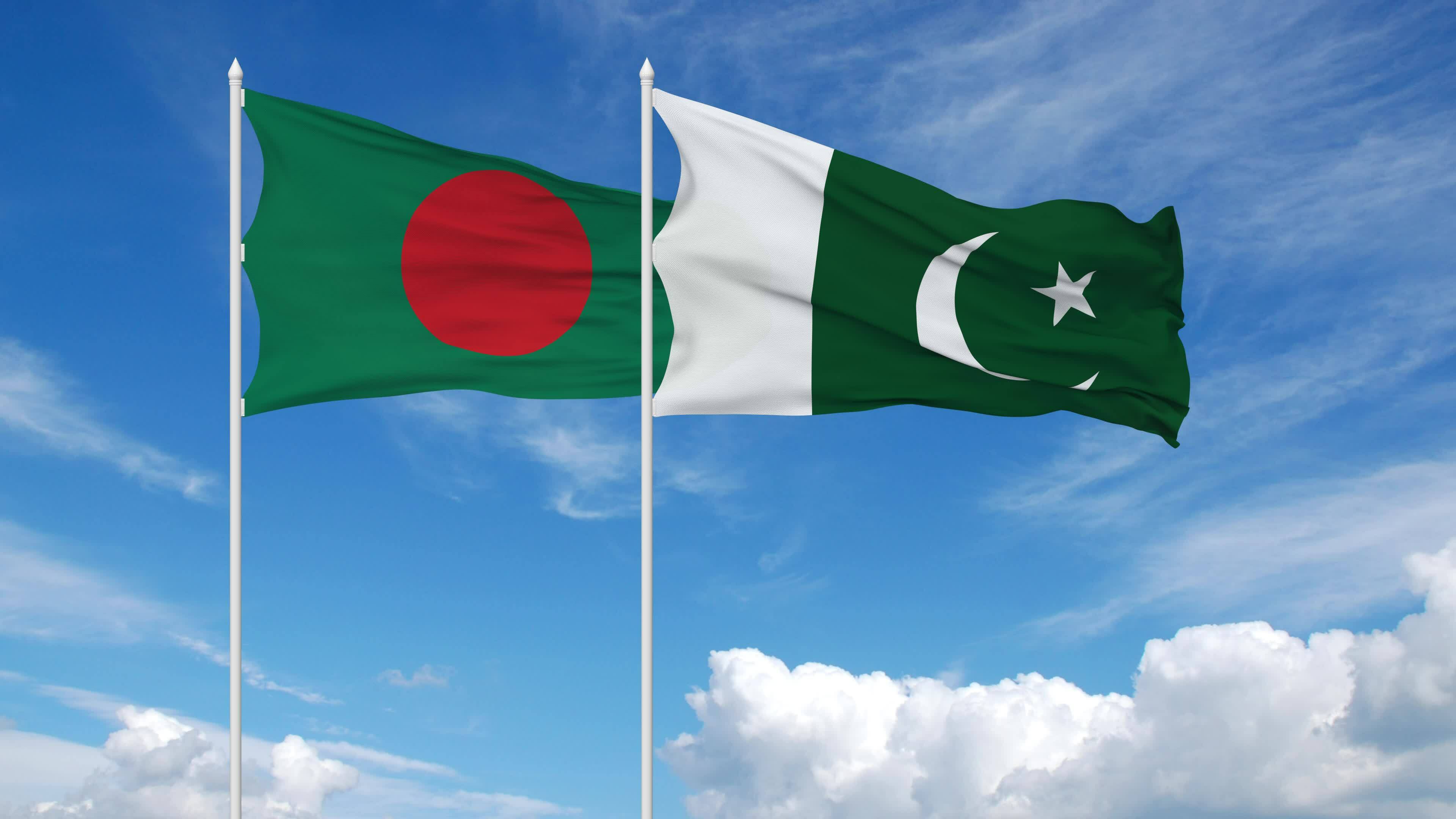 Pakistan and Bangladesh Flags Waving in the Sky, Seamless Loop in Wind