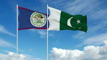 Pakistan and Belize Flags Waving in the Sky, Seamless Loop in Wind, 3D Rendering video