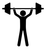 Stick figure, man lifts heavy barbell over his head. Fitness and bodybuilding classes in gym. Vector