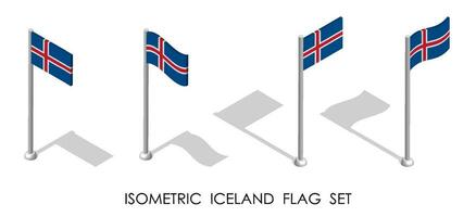 isométrica Islandia bandera en estático posición y en movimiento en asta de bandera. 3d vector