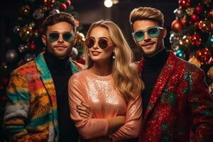 90s retro Moda entusiastas celebrando Navidad en vibrante atuendo y accesorios foto