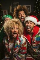 Festive group re enacting a 90s Christmas television special filled with laughter photo