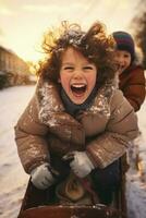 90s children joyfully sledging in a snowy Christmas landscape at dusk photo