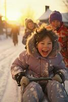 90s children joyfully sledging in a snowy Christmas landscape at dusk photo