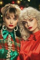 90s retro Moda entusiastas celebrando Navidad en vibrante atuendo y accesorios foto