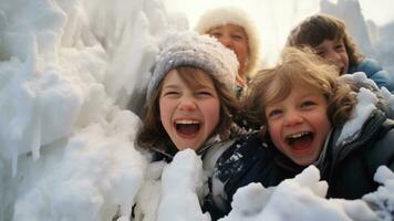 90s niños alegremente construyendo un nieve fuerte durante jubiloso Navidad Días festivos foto