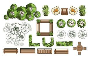 Top view elements for the landscape design plan. Trees and benches for architectural floor plans. Maze garden. Various trees, bushes, and shrubs. Vector illustration.