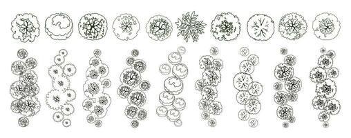 Trees for architectural floor plans. Entourage design. Various trees, bushes, and shrubs, top view for the landscape design plan. Vector illustration.