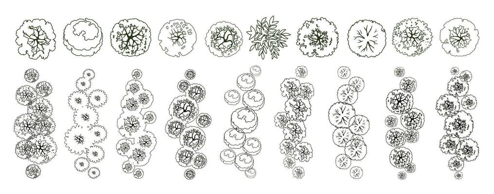 Trees for architectural floor plans. Entourage design. Various trees, bushes, and shrubs, top view for the landscape design plan. Vector illustration.