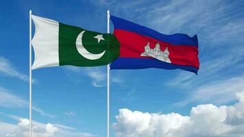 Pakistan and Cambodia Flags Waving Together in the Sky, Seamless Loop in Wind, 3D Rendering video