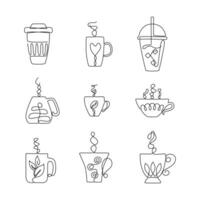 tazas de café o té en diferente formas con azúcar cubitos, té hojas, café frijoles y abstracción. moderno minimalista estilo. vector ilustración en continuo línea Arte dibujo estilo