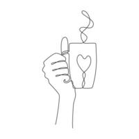 Single one line drawing of hand holding a mug with a heart. Concept of hot coffee or tea made with love. Template for print, menu, card, invitation, advertisement. Sketch, line art. Minimalist style. vector