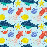 Pattern for kids with a cartoon underwater world. Seamless background with cute smiling fish, crab, starfish, shark and octopus. Nautical elements. Vector illustrations.