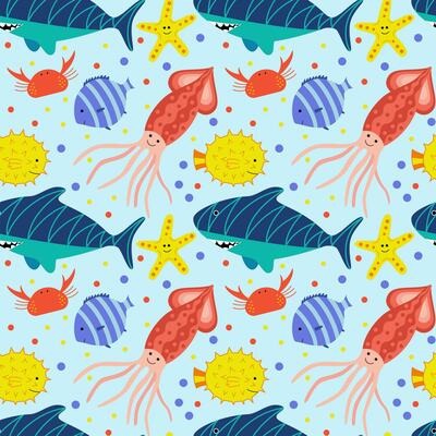 Pattern for kids with a cartoon underwater world. Seamless background with cute smiling fish, crab, starfish, shark and octopus. Nautical elements. Vector illustrations.